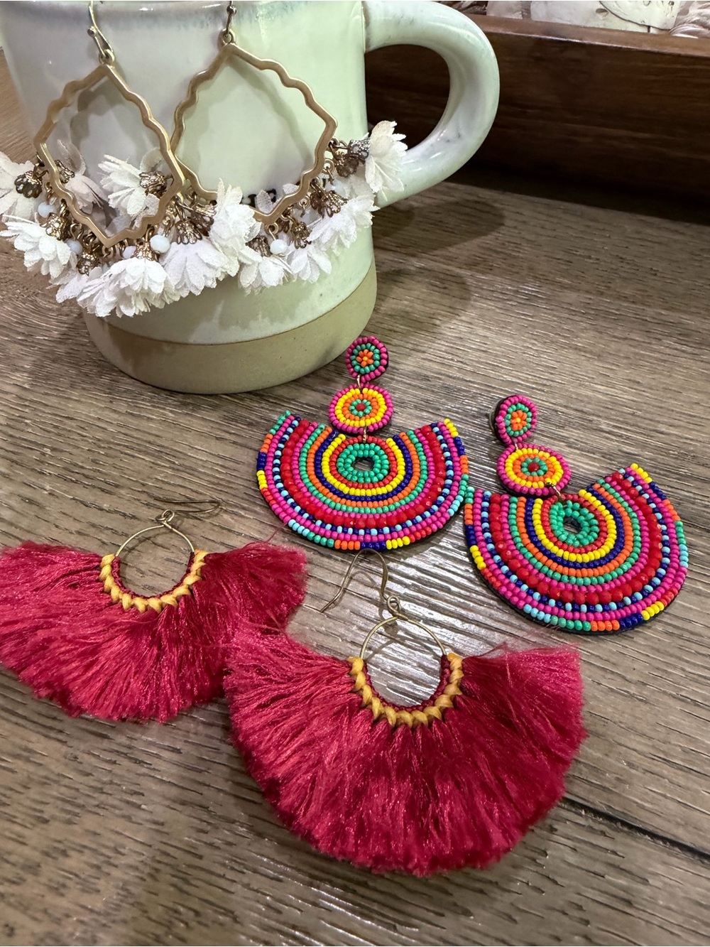 Boho Bundle of Multicolor Beaded & Burgundy Fringe Statement Earrings